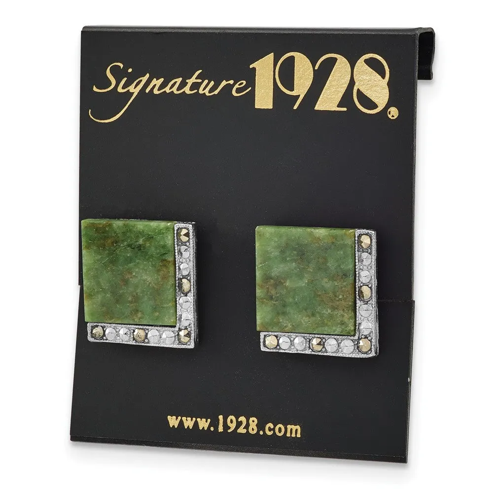 1928 Silver-tone Green Jade and Hematite Marcasite Cuff Links