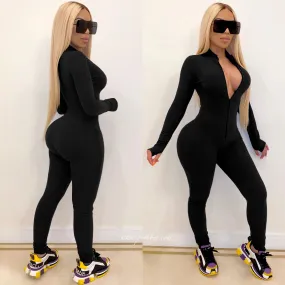 2020 Women Solid Color One Piece Jumpsuit Sexy Zipper Front Long Sleeve Fitness Slim Skinny Rompers Playsuits for Sports Outfits