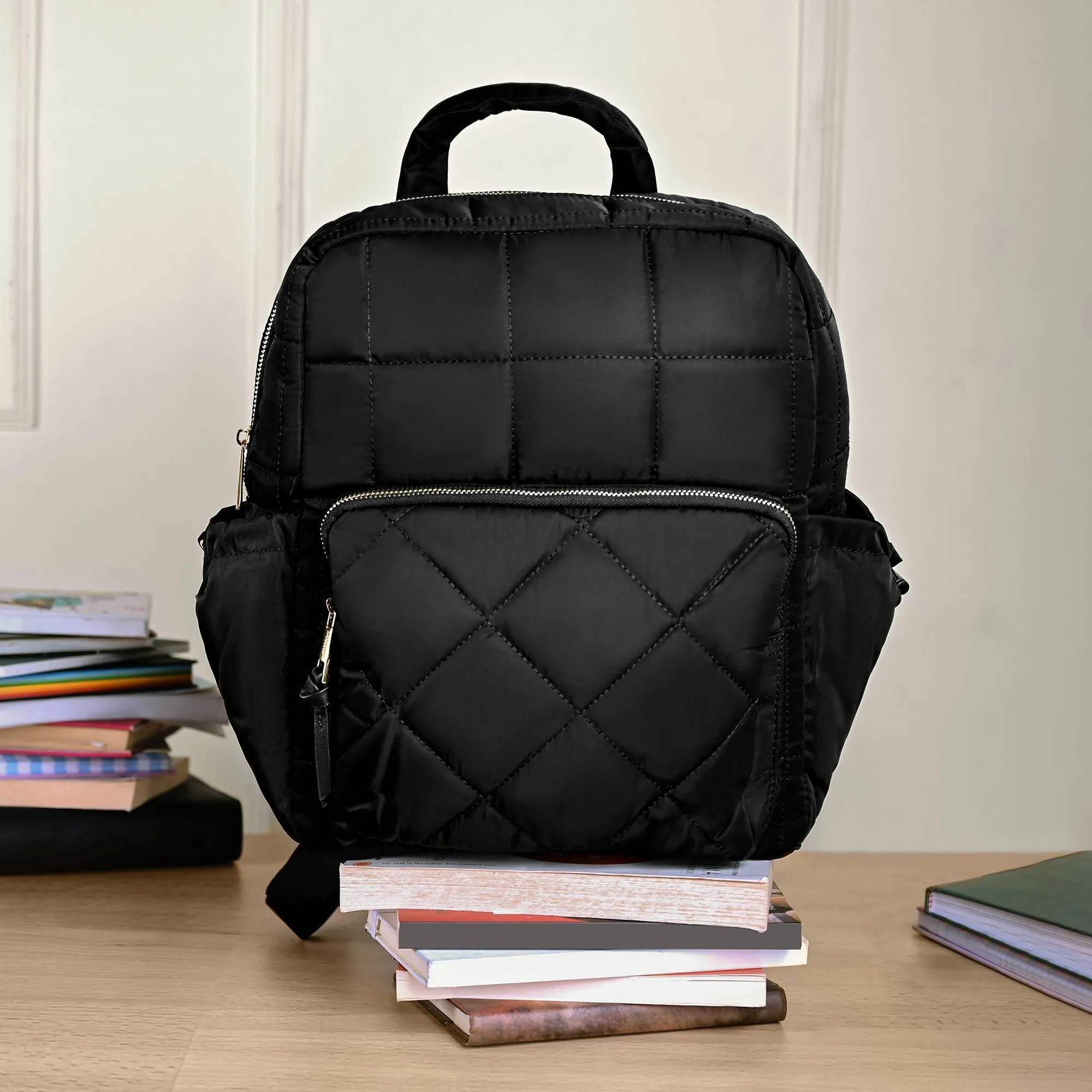 Accessorize London Women's Black Quilted Nylon Laptop Backpack With 12 Laptop Sleeve