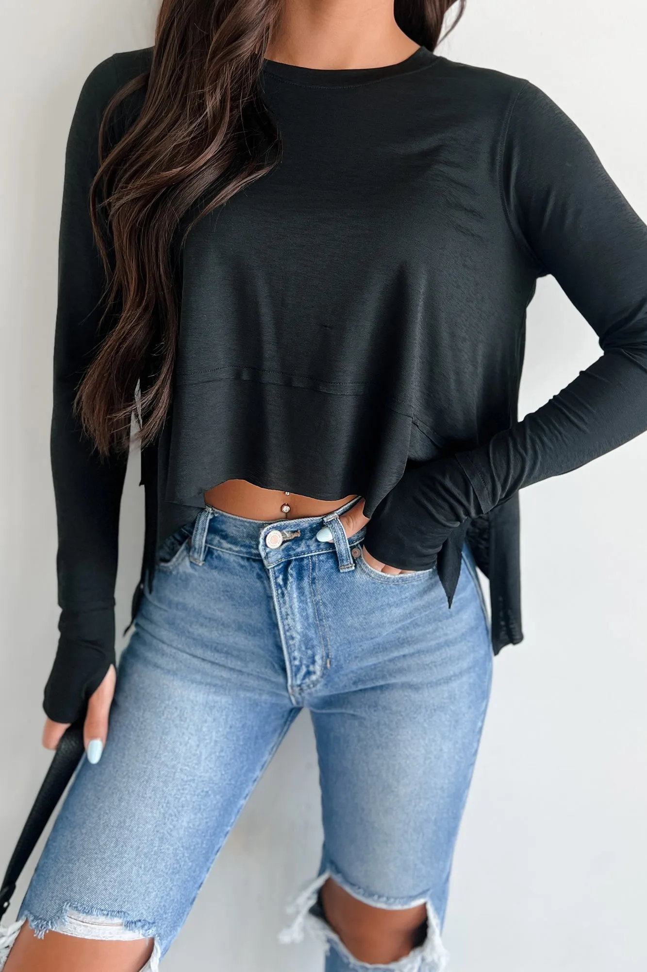 Adair Side Slit Long Sleeve Zenana Top (Black)