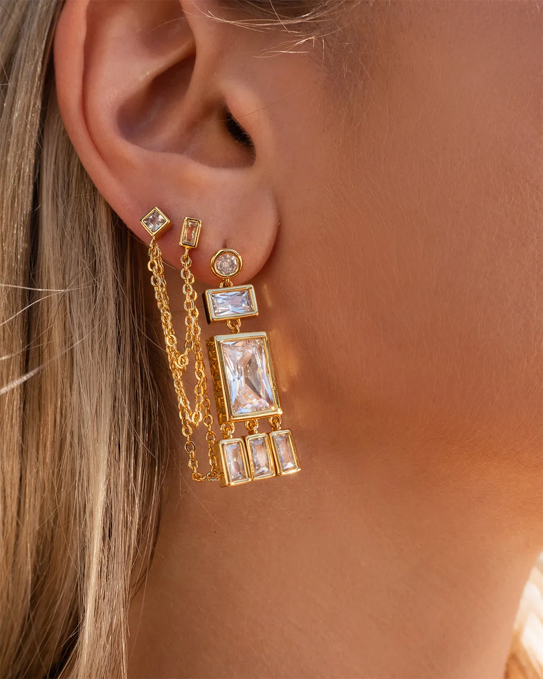 Baguette Shaker Statement Studs- Gold