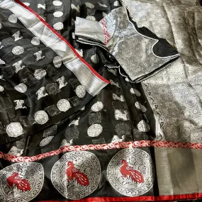 Black & Silver Soft Cotton Silk Saree with Stitched blouse