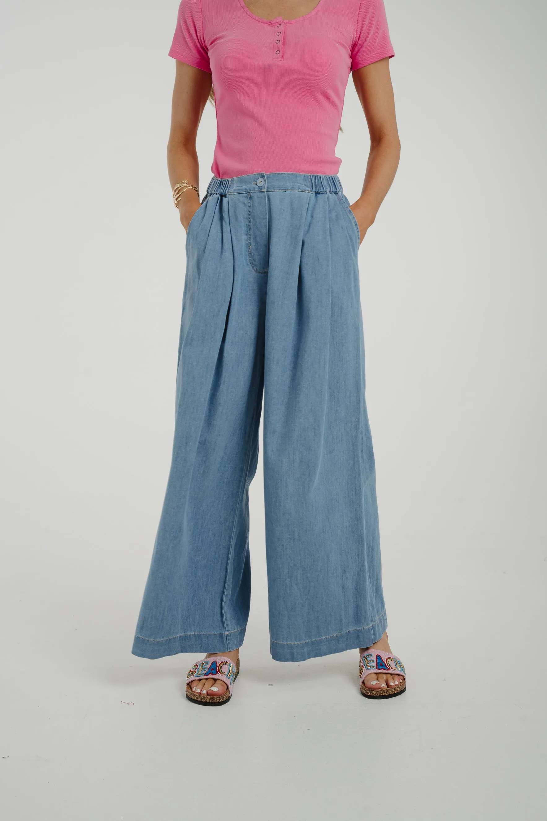 Cora Wide Leg Denim Trouser In Mid Wash