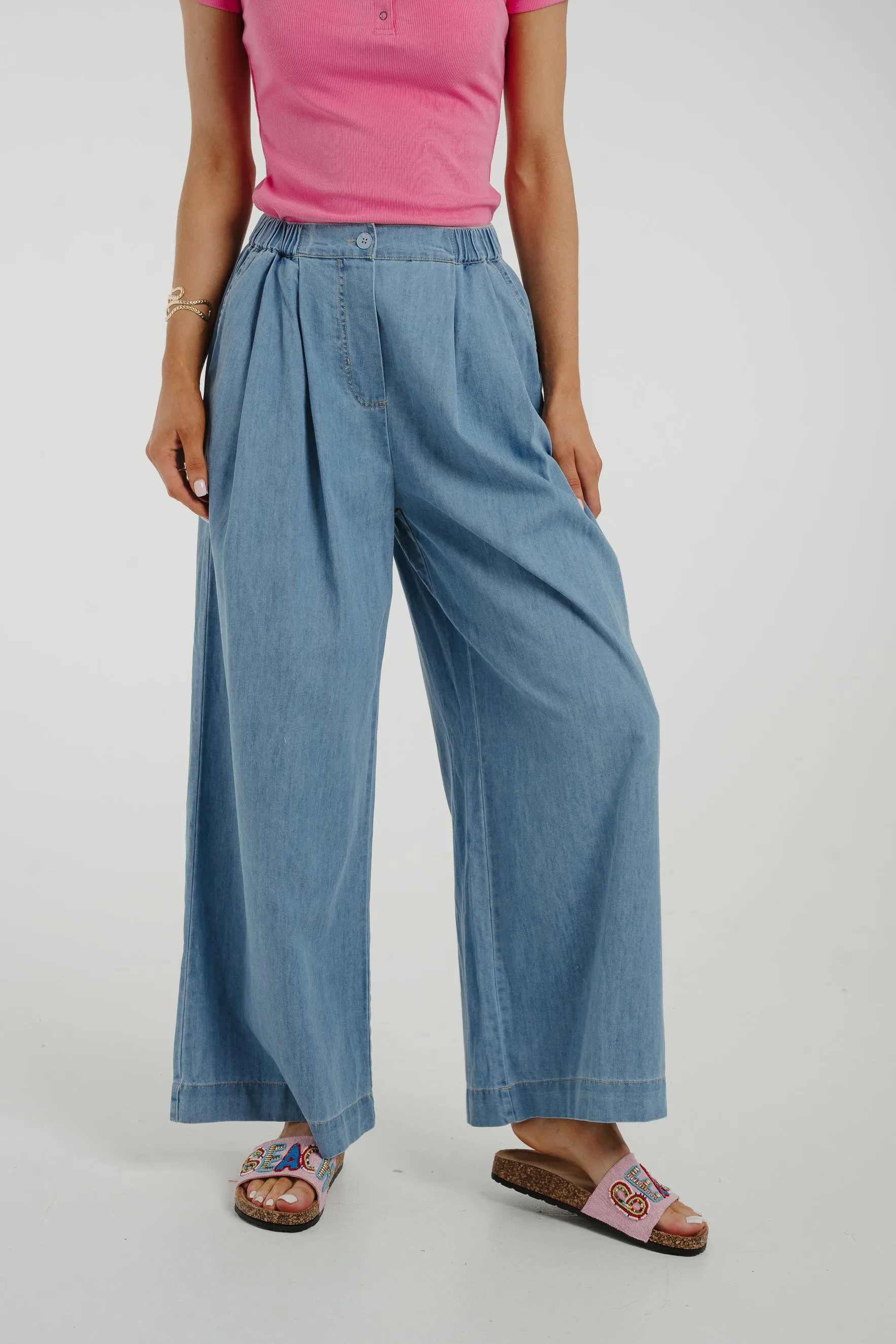 Cora Wide Leg Denim Trouser In Mid Wash