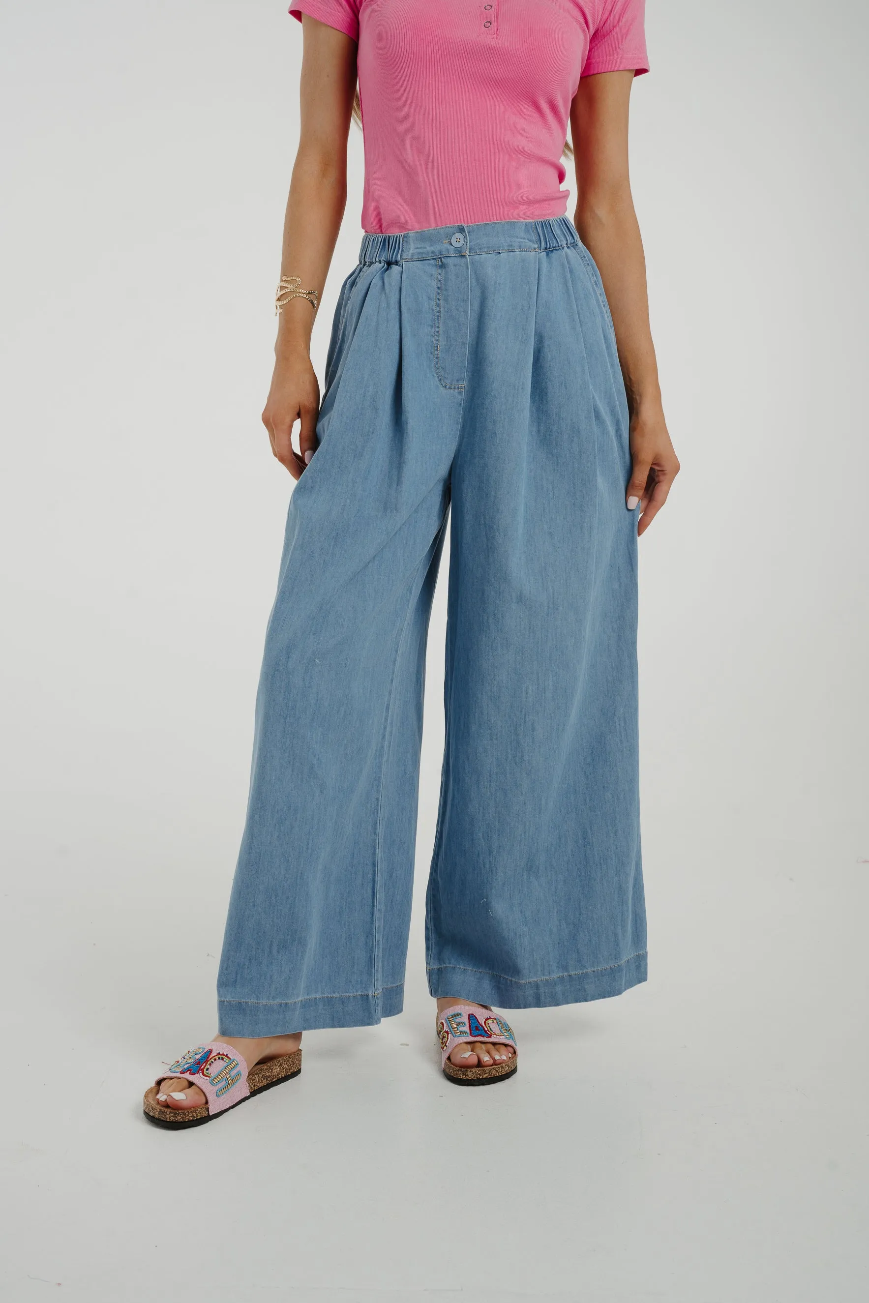 Cora Wide Leg Denim Trouser In Mid Wash