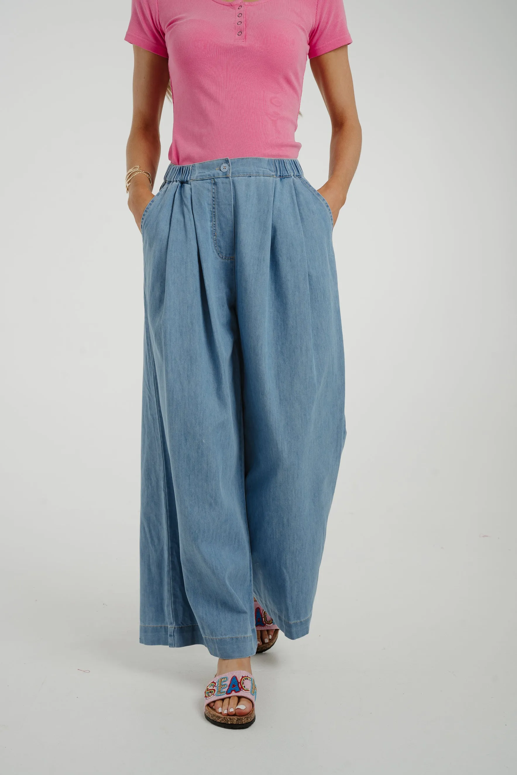 Cora Wide Leg Denim Trouser In Mid Wash