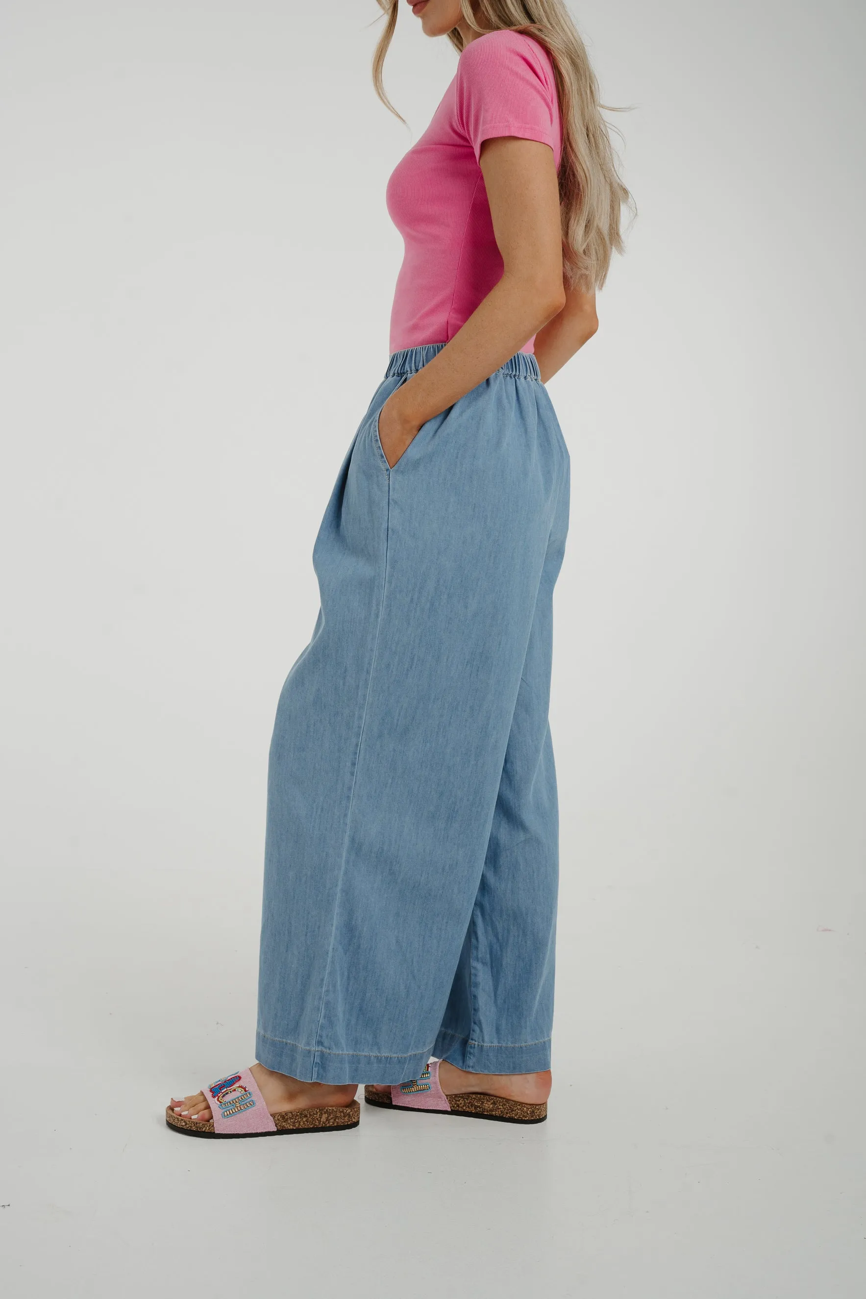 Cora Wide Leg Denim Trouser In Mid Wash