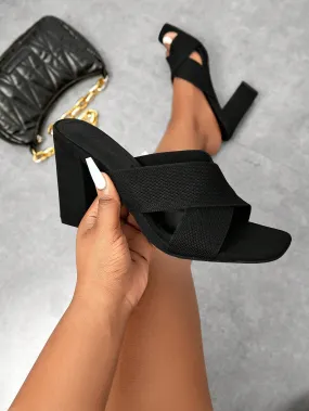 CUCCOO BASICS Woman Shoes Fashion Black Crochet Detail Cross Strap Chunky Heeled Mule Sandals For Summer Graduation Heels Prom Heels Vacation Shoes Summer Sale Back To School Shoes College Student Shoes