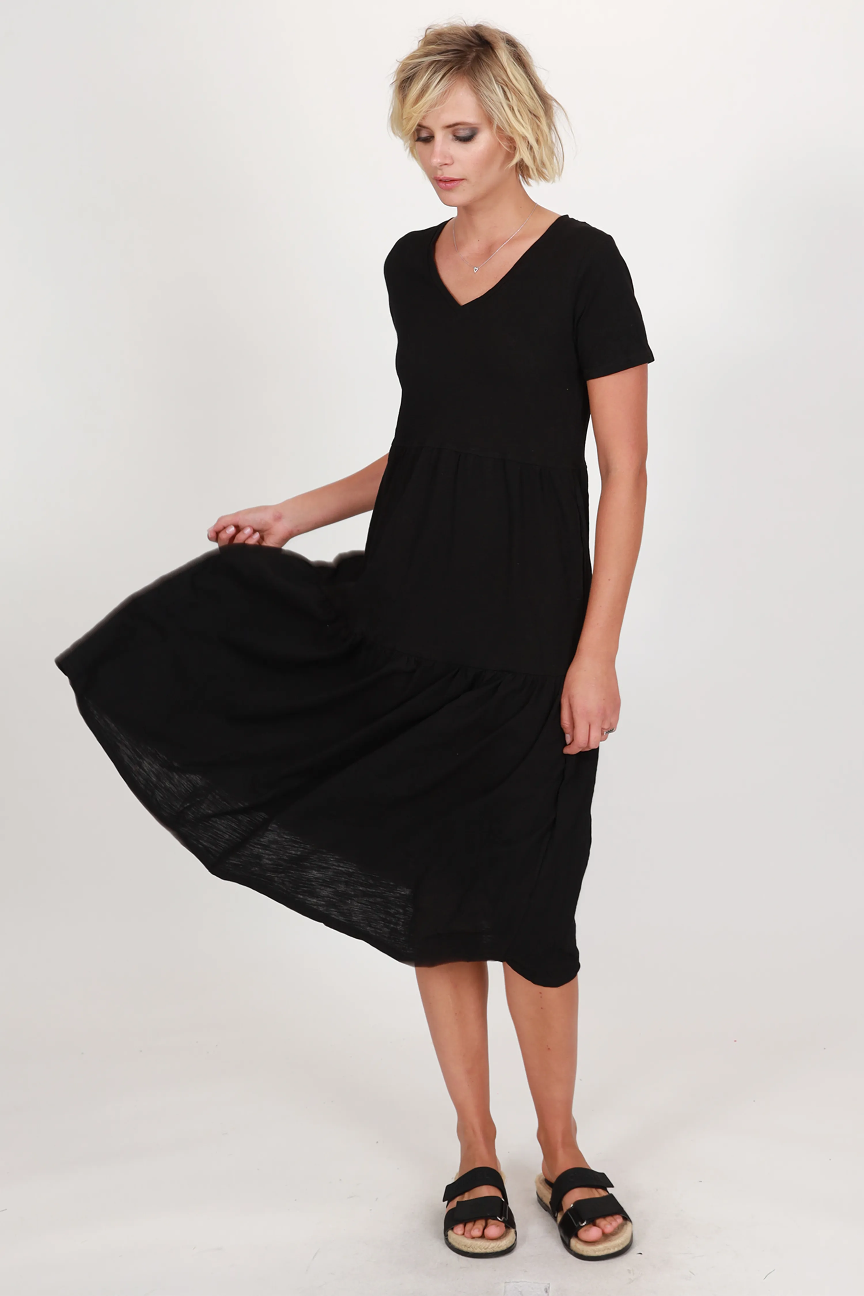 Easy Black SS V Neck Tiered Midi Dress