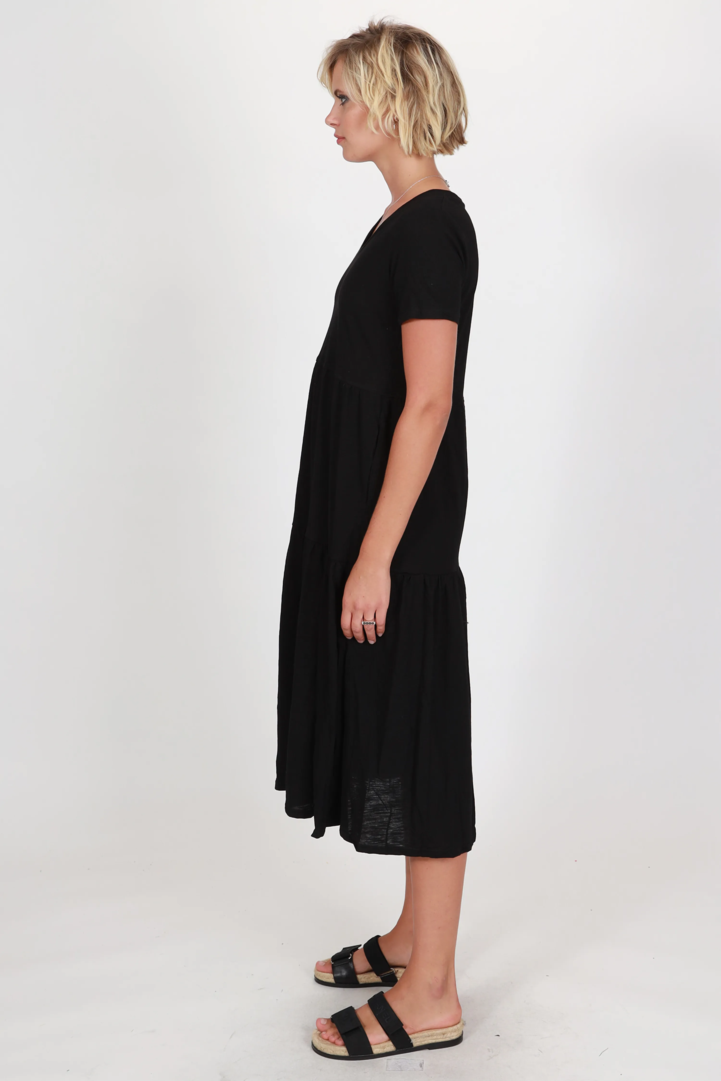 Easy Black SS V Neck Tiered Midi Dress