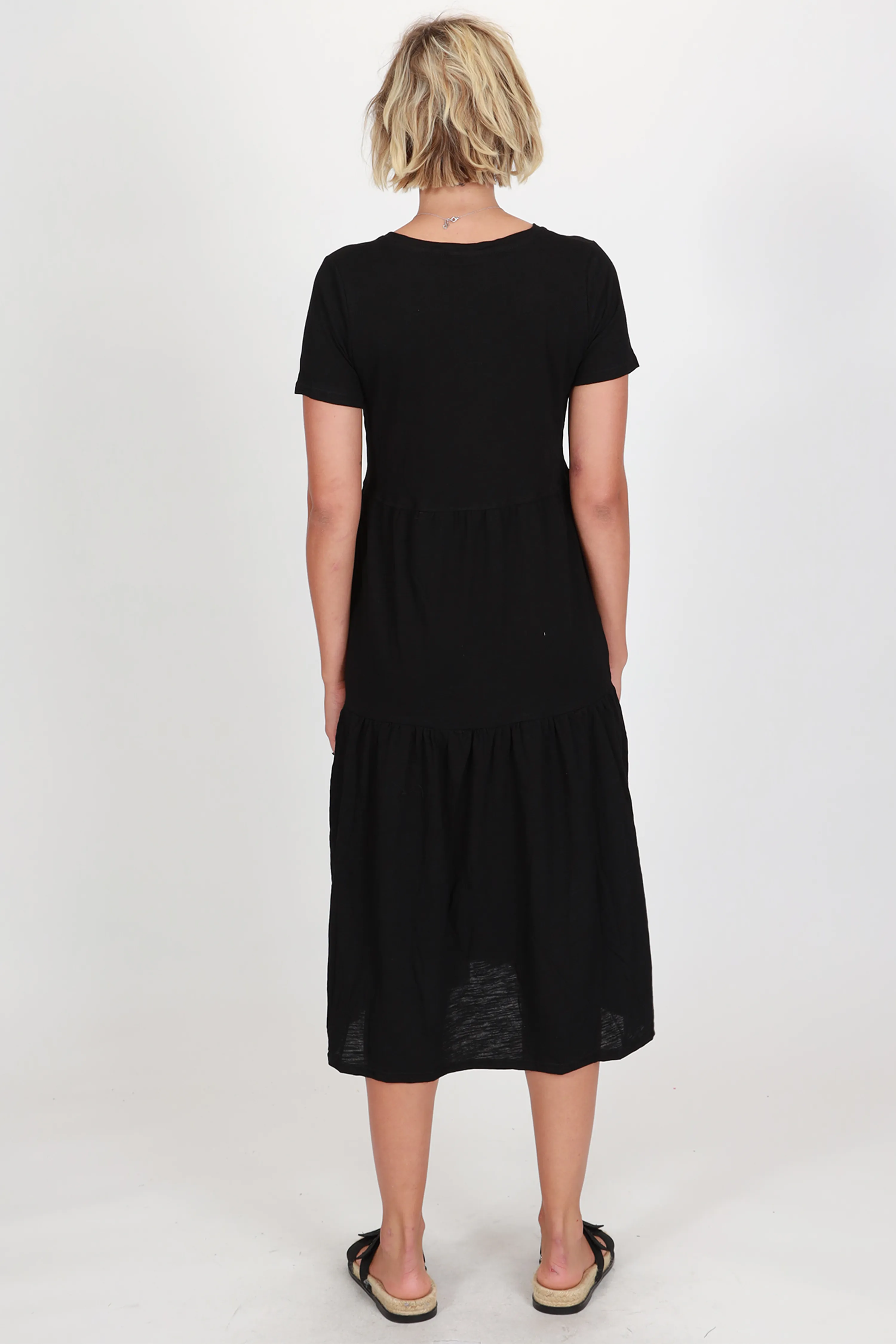 Easy Black SS V Neck Tiered Midi Dress