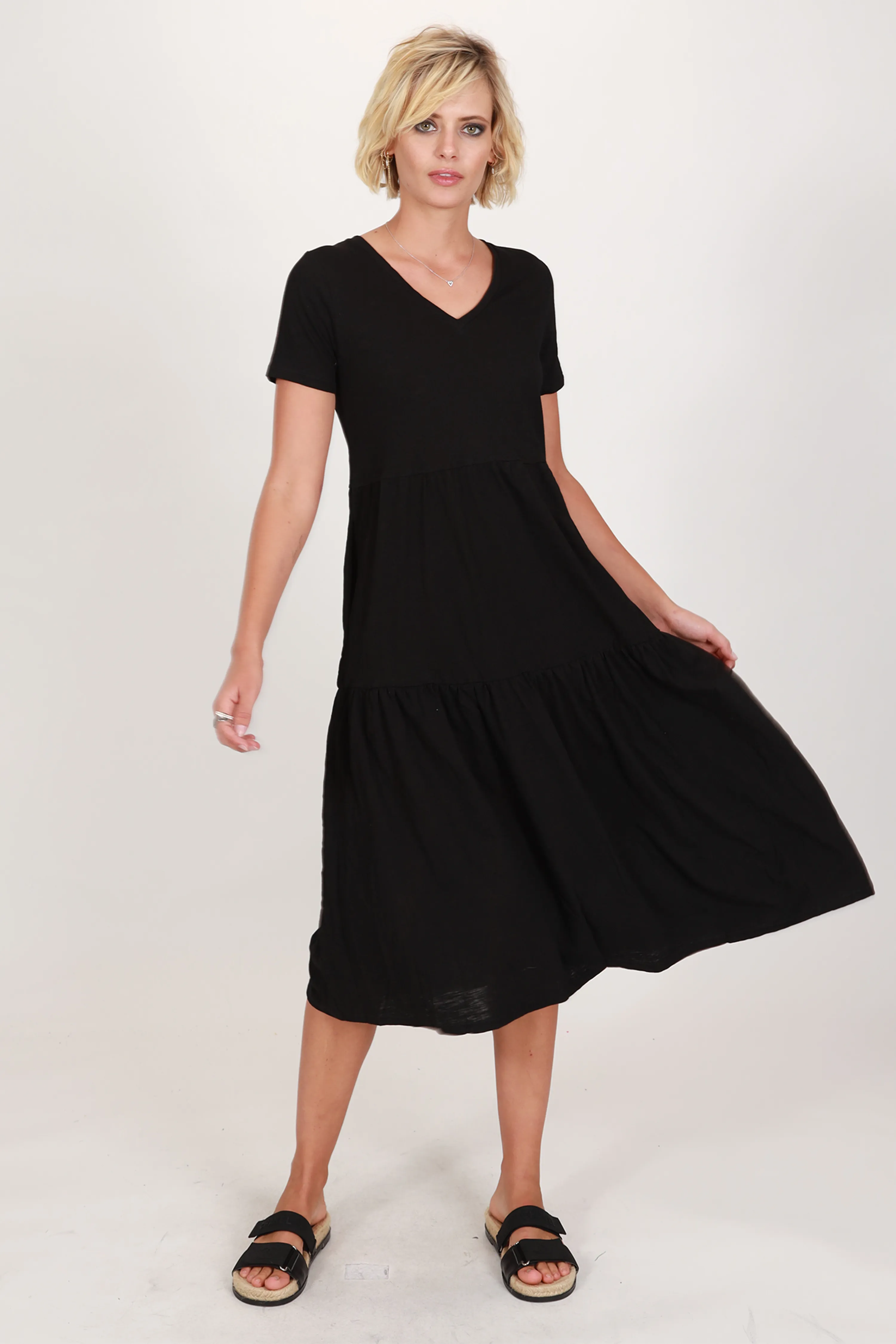 Easy Black SS V Neck Tiered Midi Dress