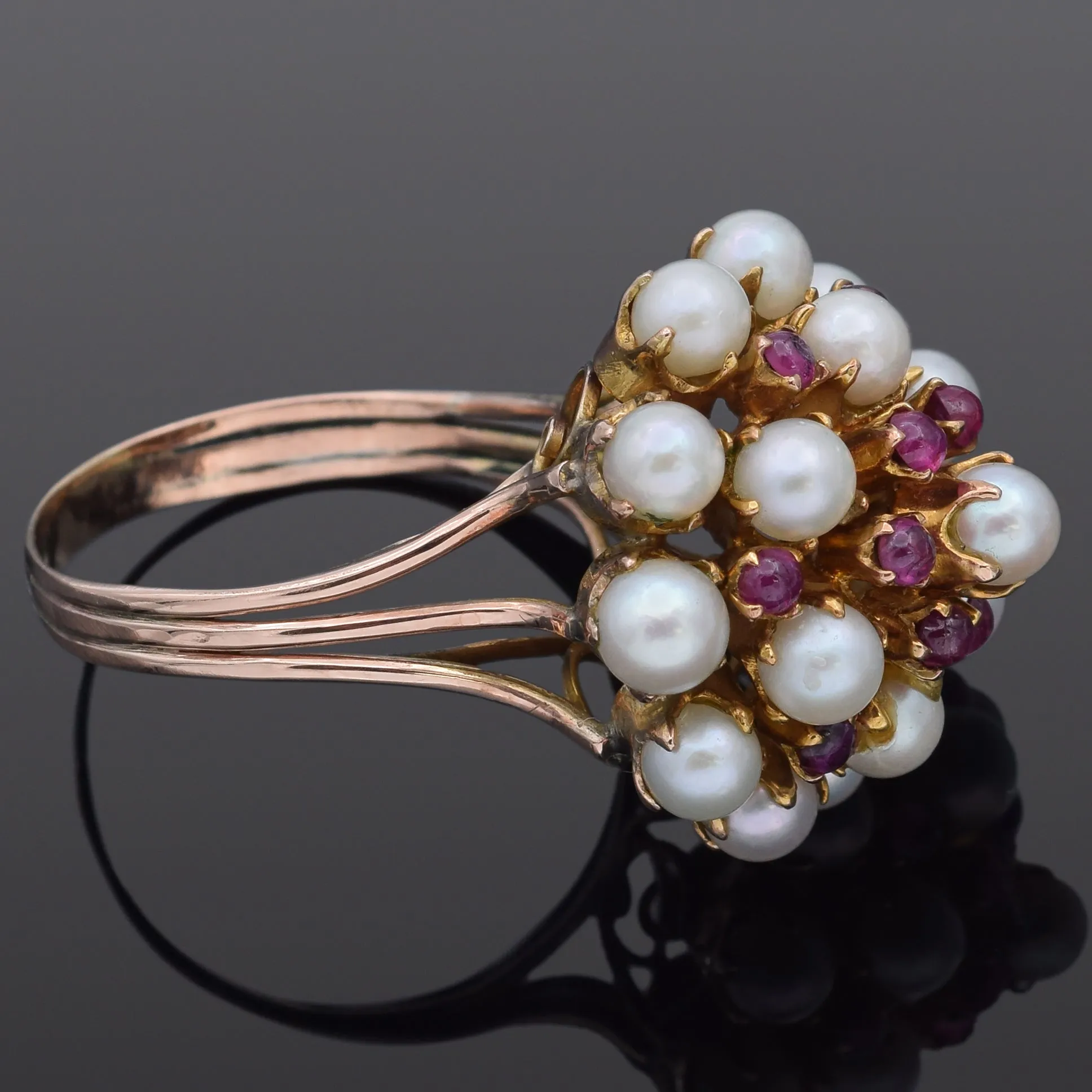 Estate 14K Gold Ruby & Pearl Thai Princess Harem Cluster Ring Size 8.5