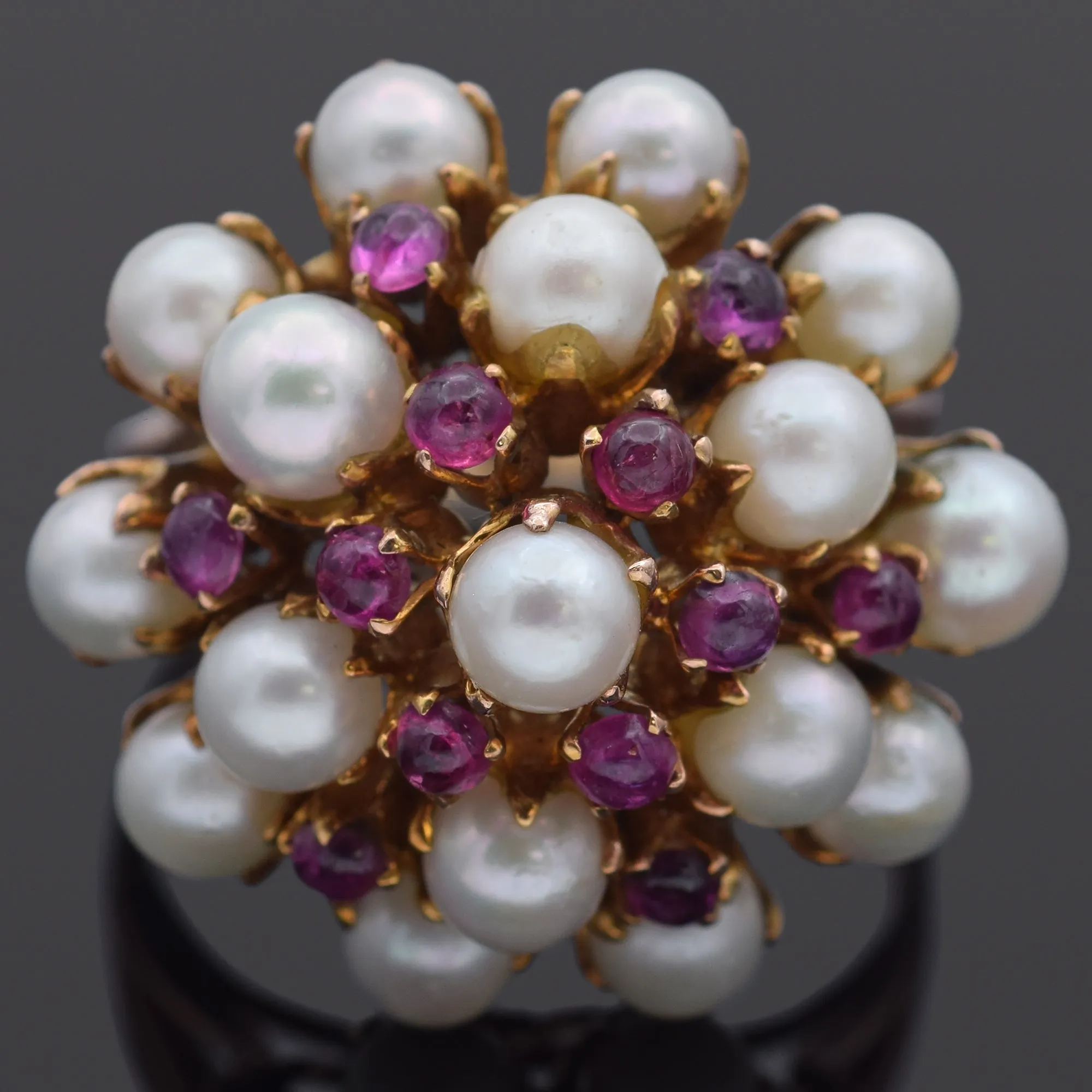 Estate 14K Gold Ruby & Pearl Thai Princess Harem Cluster Ring Size 8.5