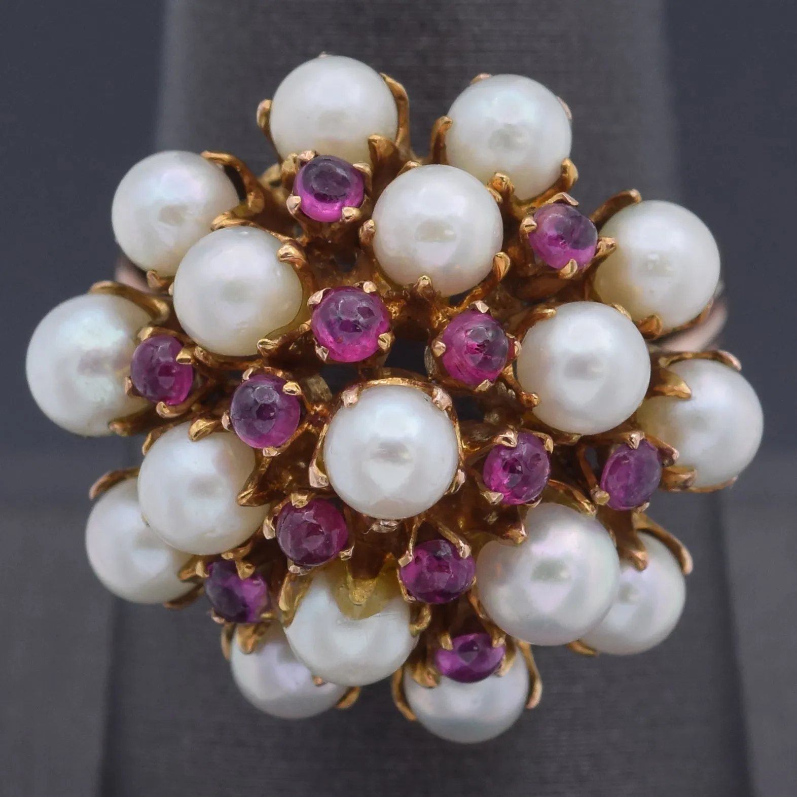 Estate 14K Gold Ruby & Pearl Thai Princess Harem Cluster Ring Size 8.5