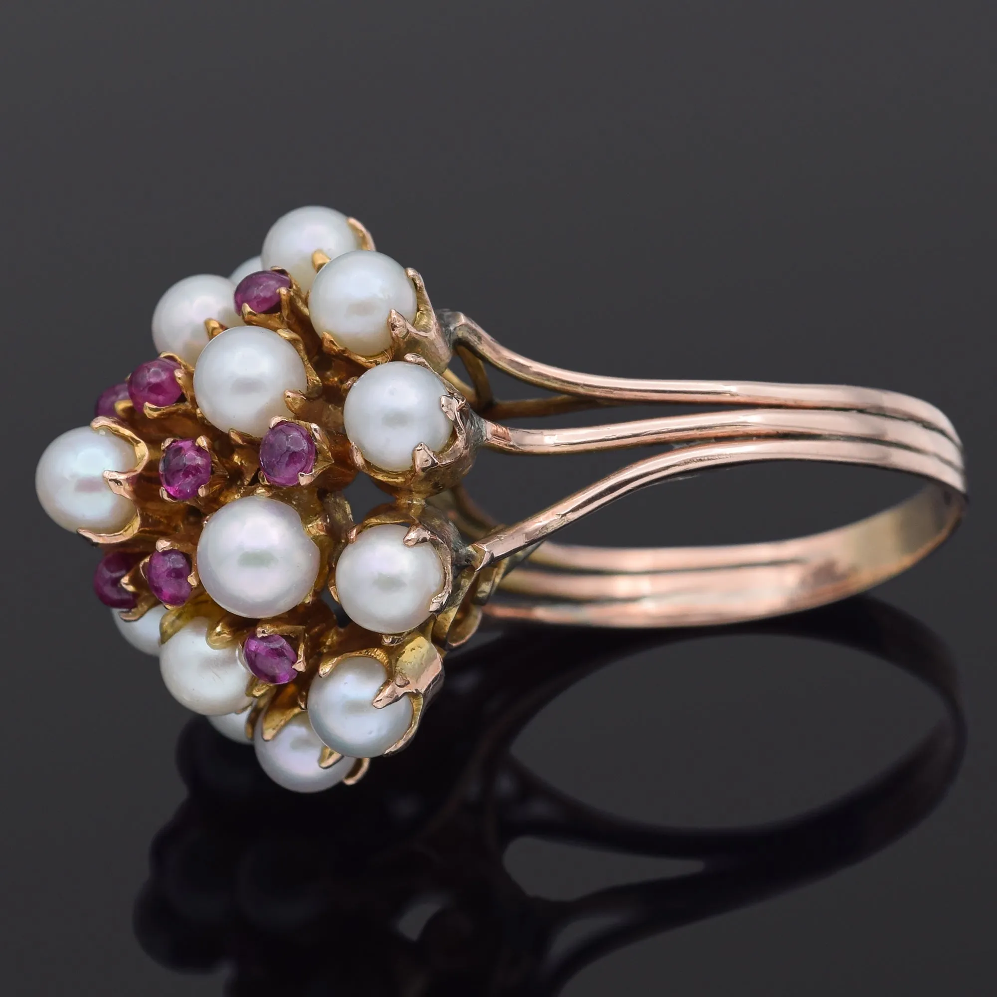 Estate 14K Gold Ruby & Pearl Thai Princess Harem Cluster Ring Size 8.5