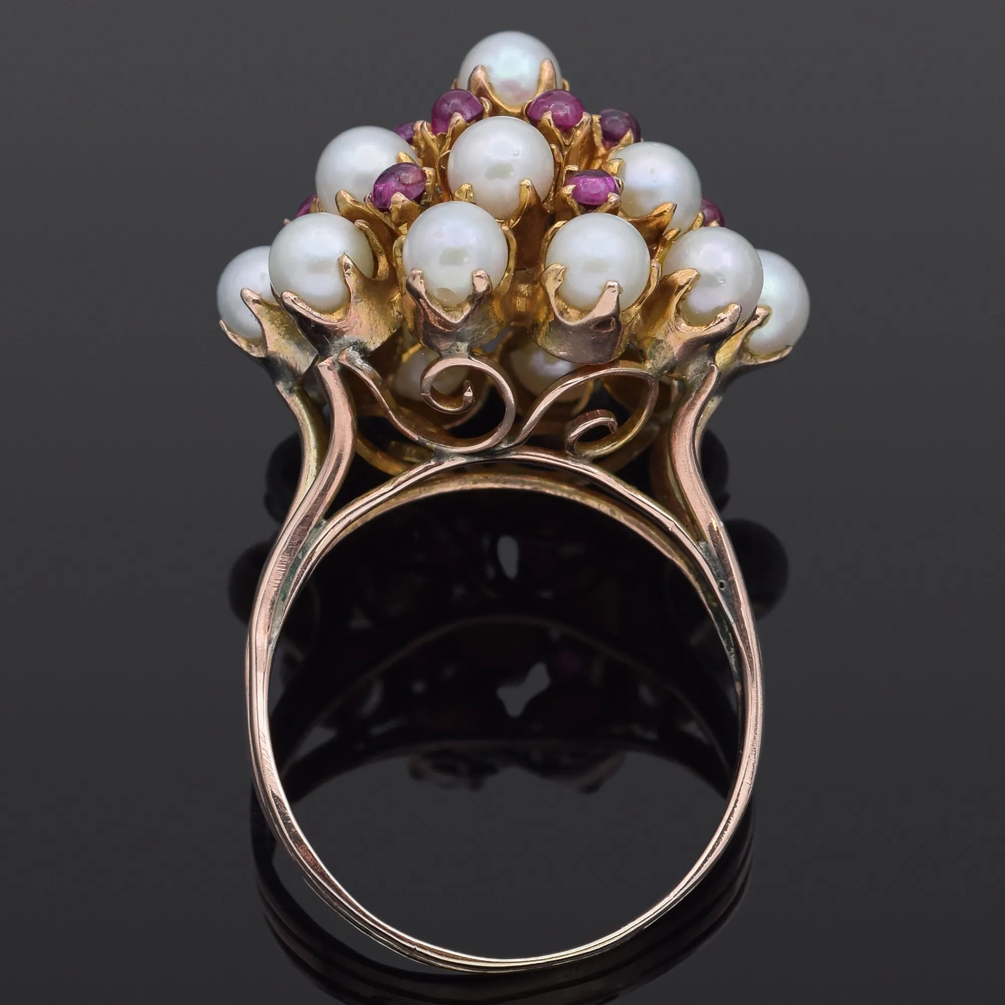 Estate 14K Gold Ruby & Pearl Thai Princess Harem Cluster Ring Size 8.5