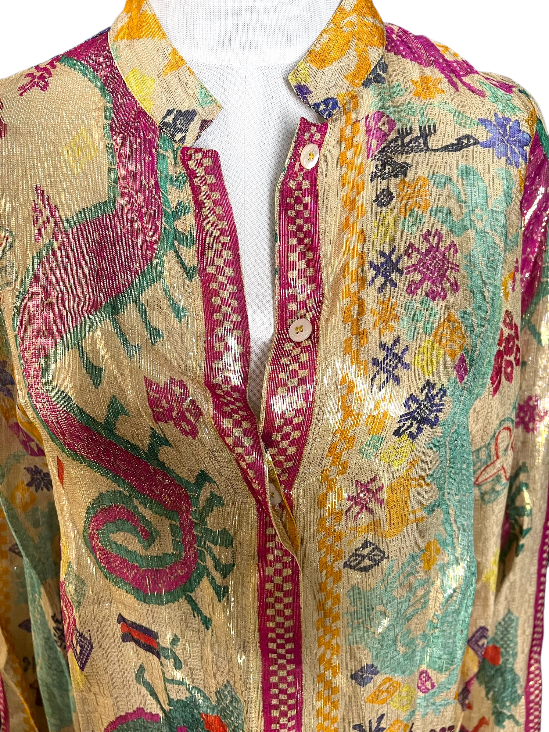 Etro Multi Color Metallic Silk Sheer Button Front Size 42 Blouse