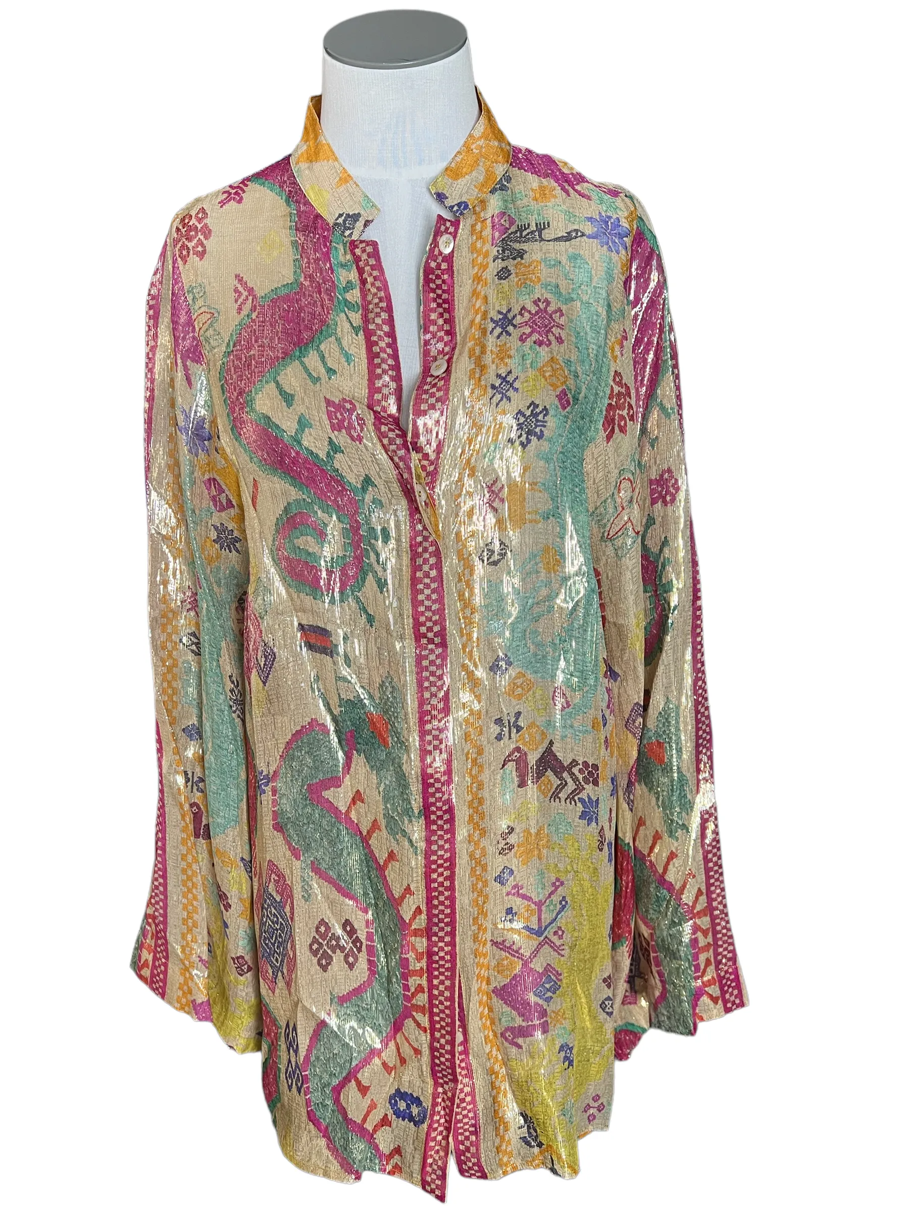 Etro Multi Color Metallic Silk Sheer Button Front Size 42 Blouse