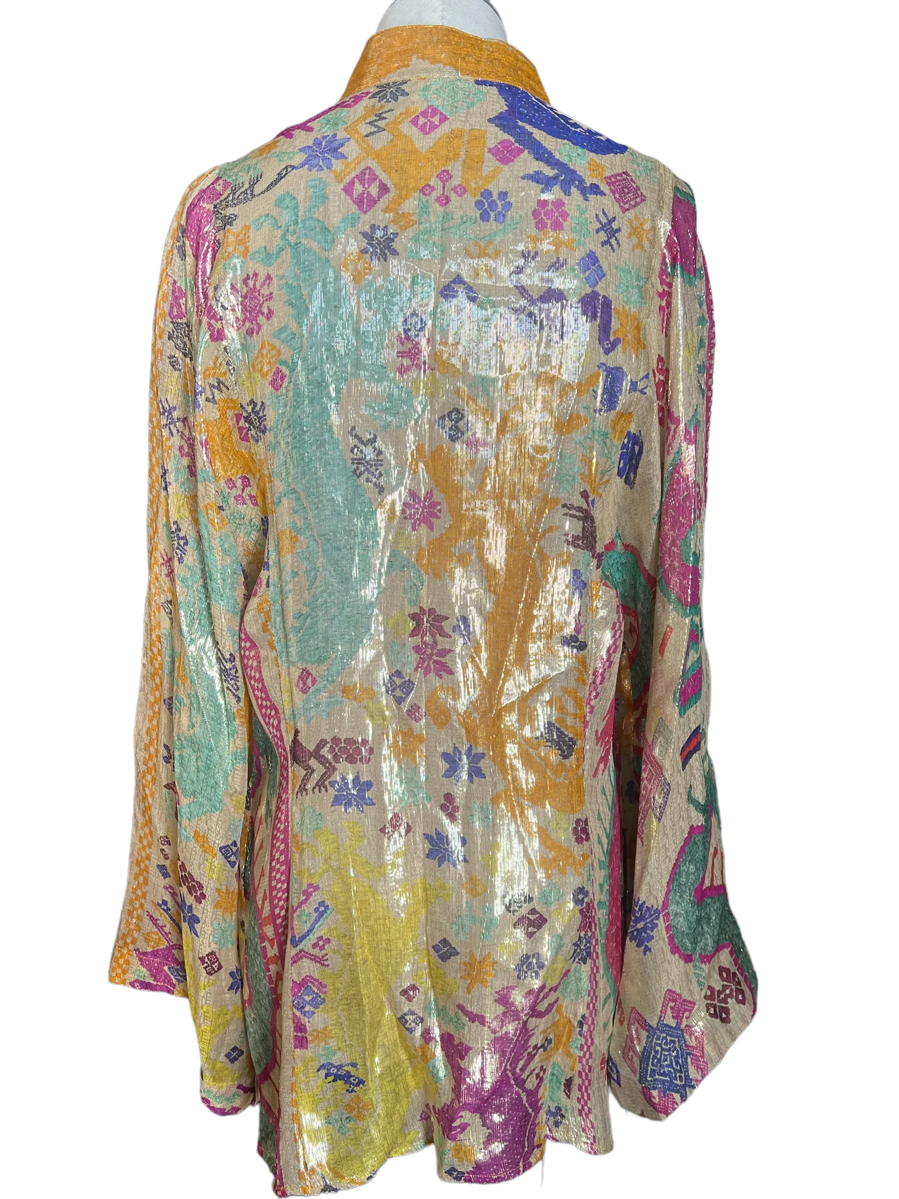 Etro Multi Color Metallic Silk Sheer Button Front Size 42 Blouse