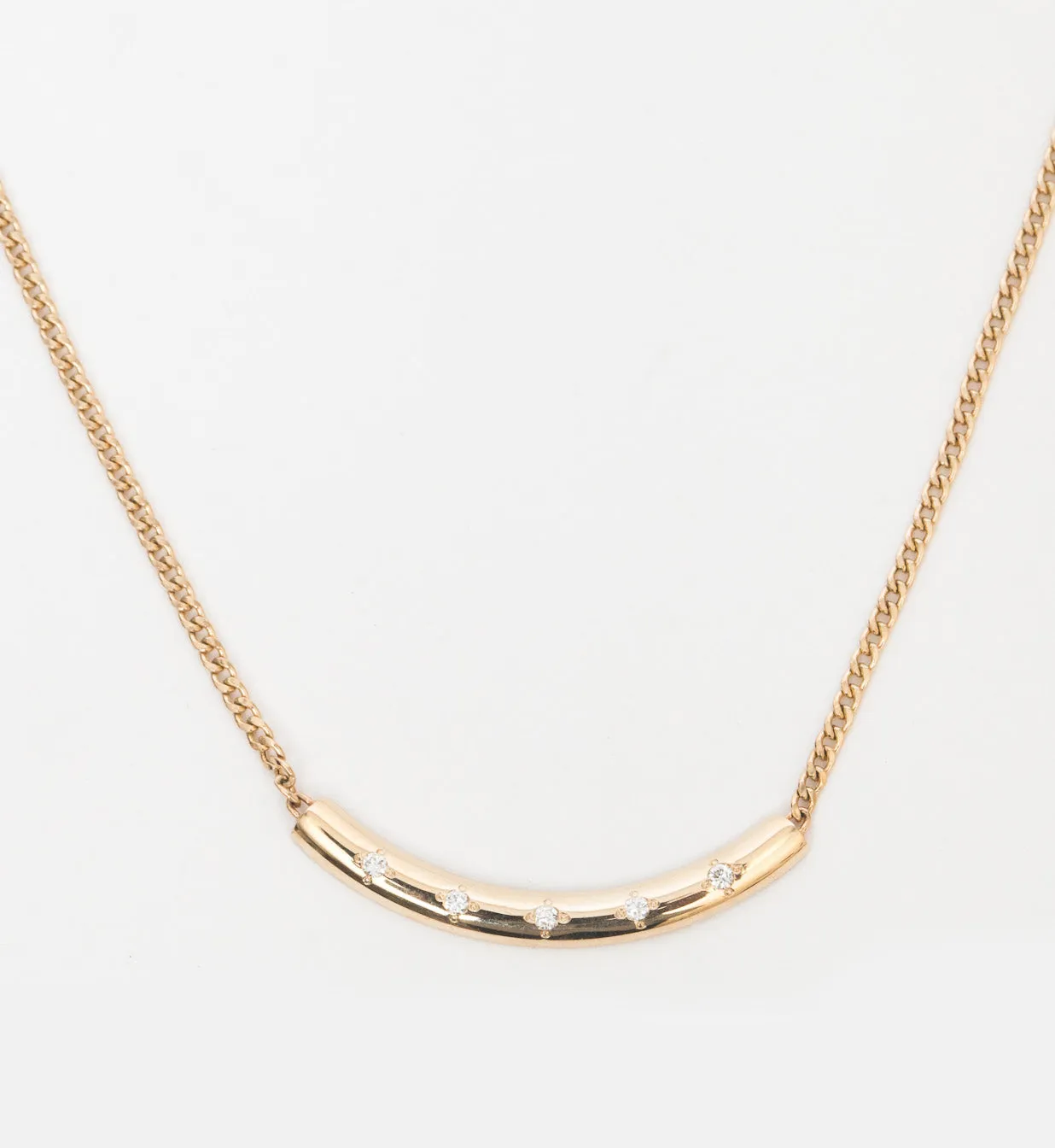 Extra Small Curb Chain with Diamond Curved Chubby Bar Necklace