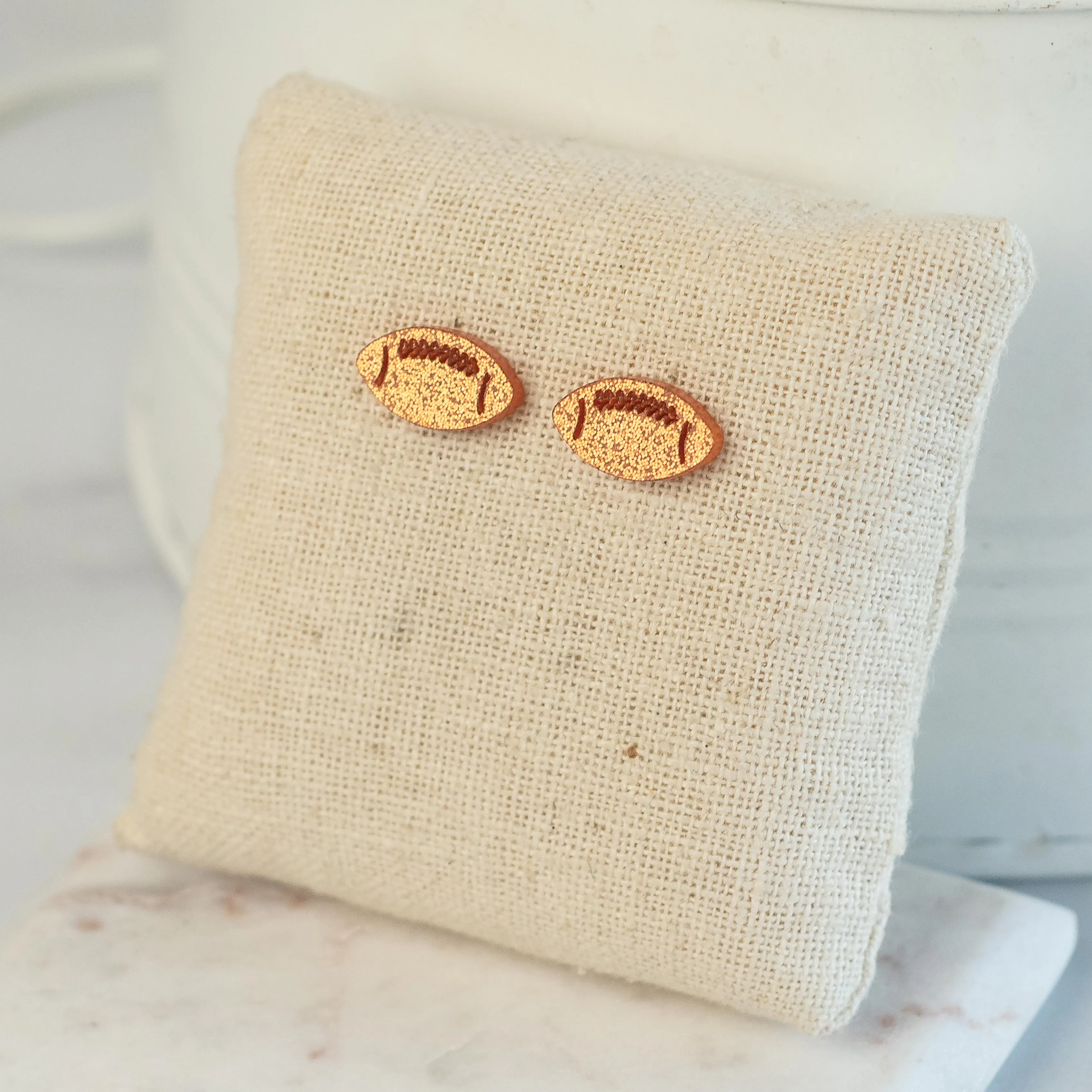 Football Stud Earrings in Orange Glitter