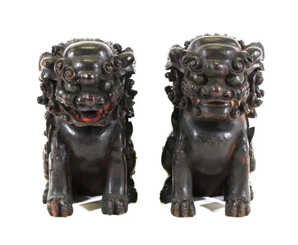 Japanese Edo Carved Wood Foo Dogs