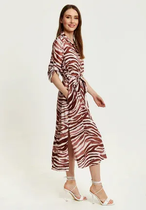 Liquorish Brown Zebra Print Midi Shirt Dress