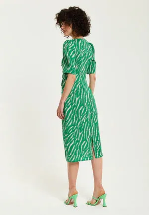 Liquorish Green Zebra Print Knot Front Midi Dress