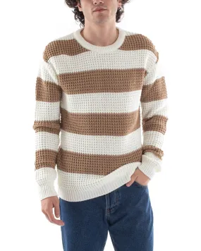 Maglione Uomo Maglioncino Maglia Pullover Rigato Bicolore Girocollo Camel Bianco GIOSAL-M2611A