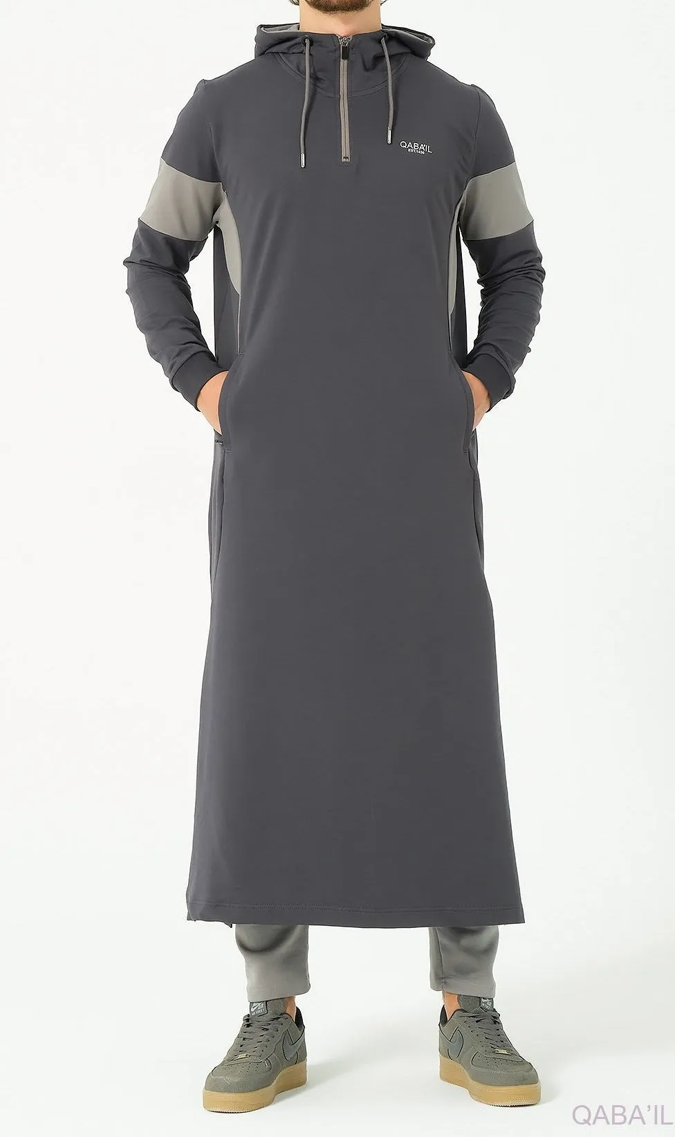 Muslim Men's Two-tone Long Thobe Kamees Unik R24 QL Dark Grey