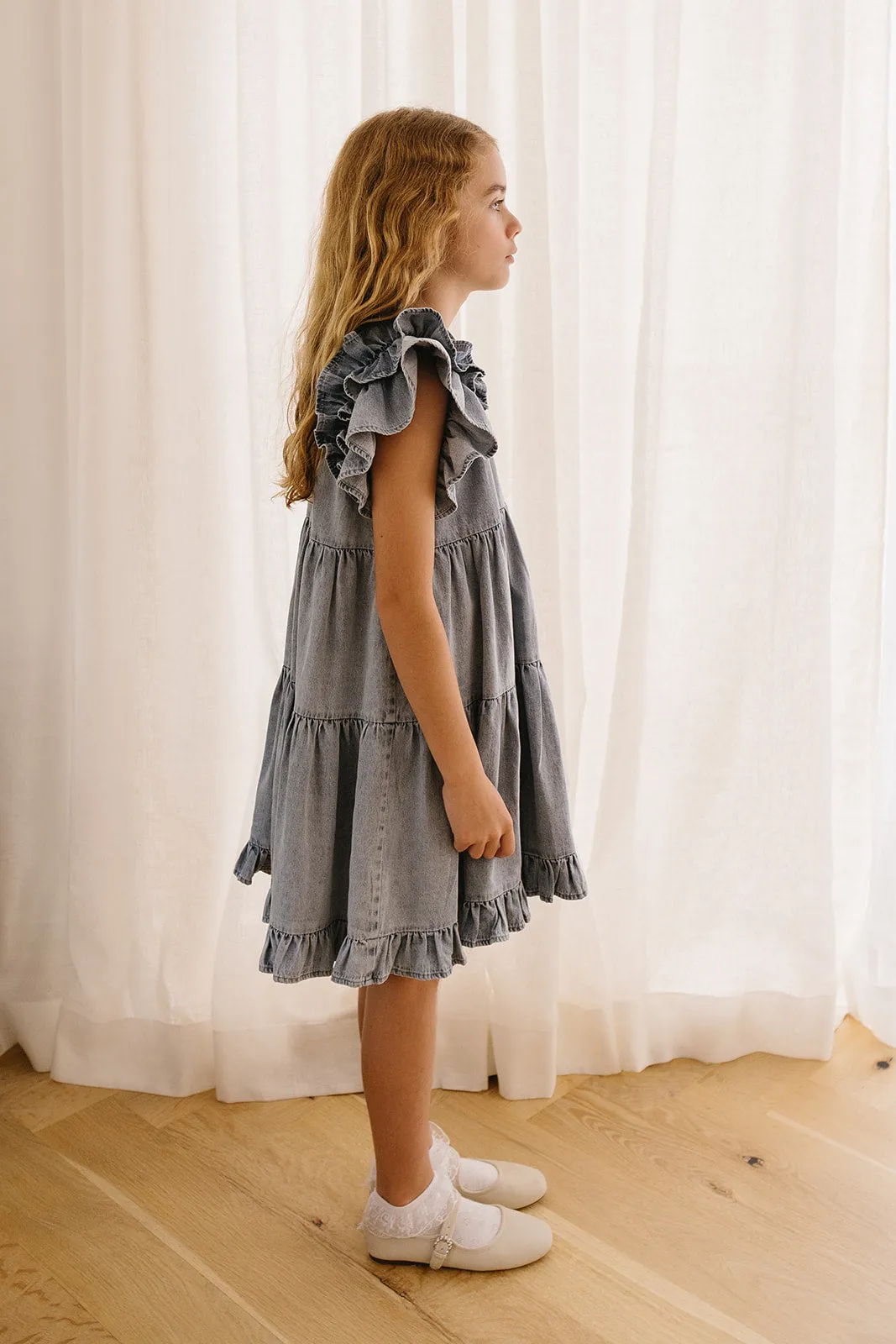 PETITE AMALIE Soleil Chambray Ruffle Shoulder Dress