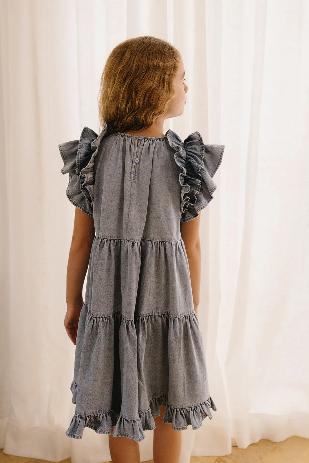 PETITE AMALIE Soleil Chambray Ruffle Shoulder Dress