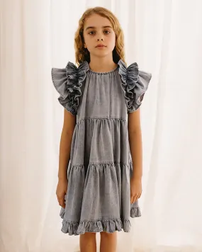 PETITE AMALIE Soleil Chambray Ruffle Shoulder Dress