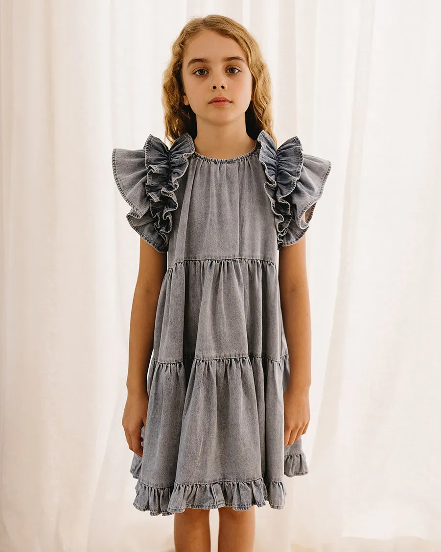 PETITE AMALIE Soleil Chambray Ruffle Shoulder Dress