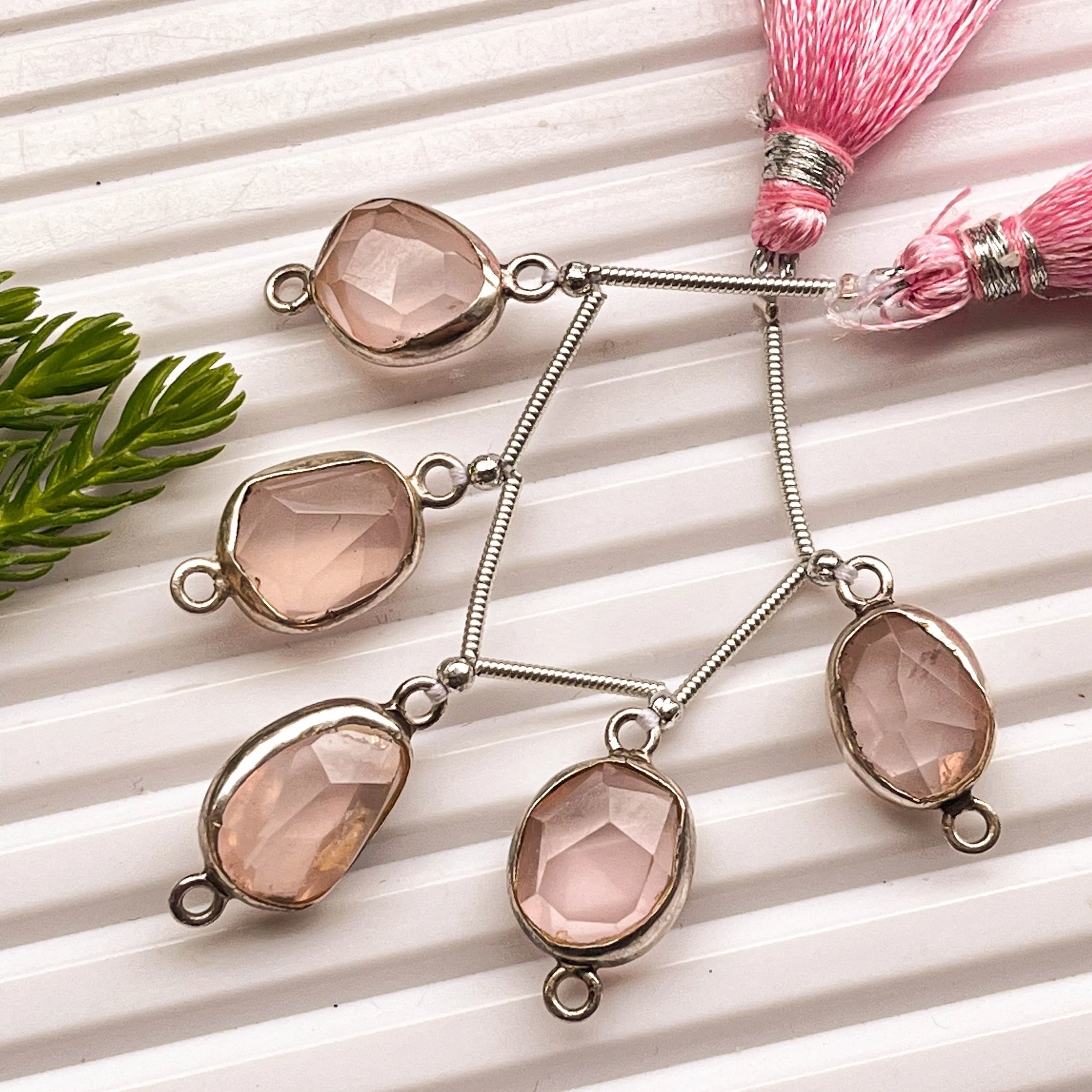 Rose Quartz uneven faceted tumble 925 Silver bezel set Connectors for Jewelry making