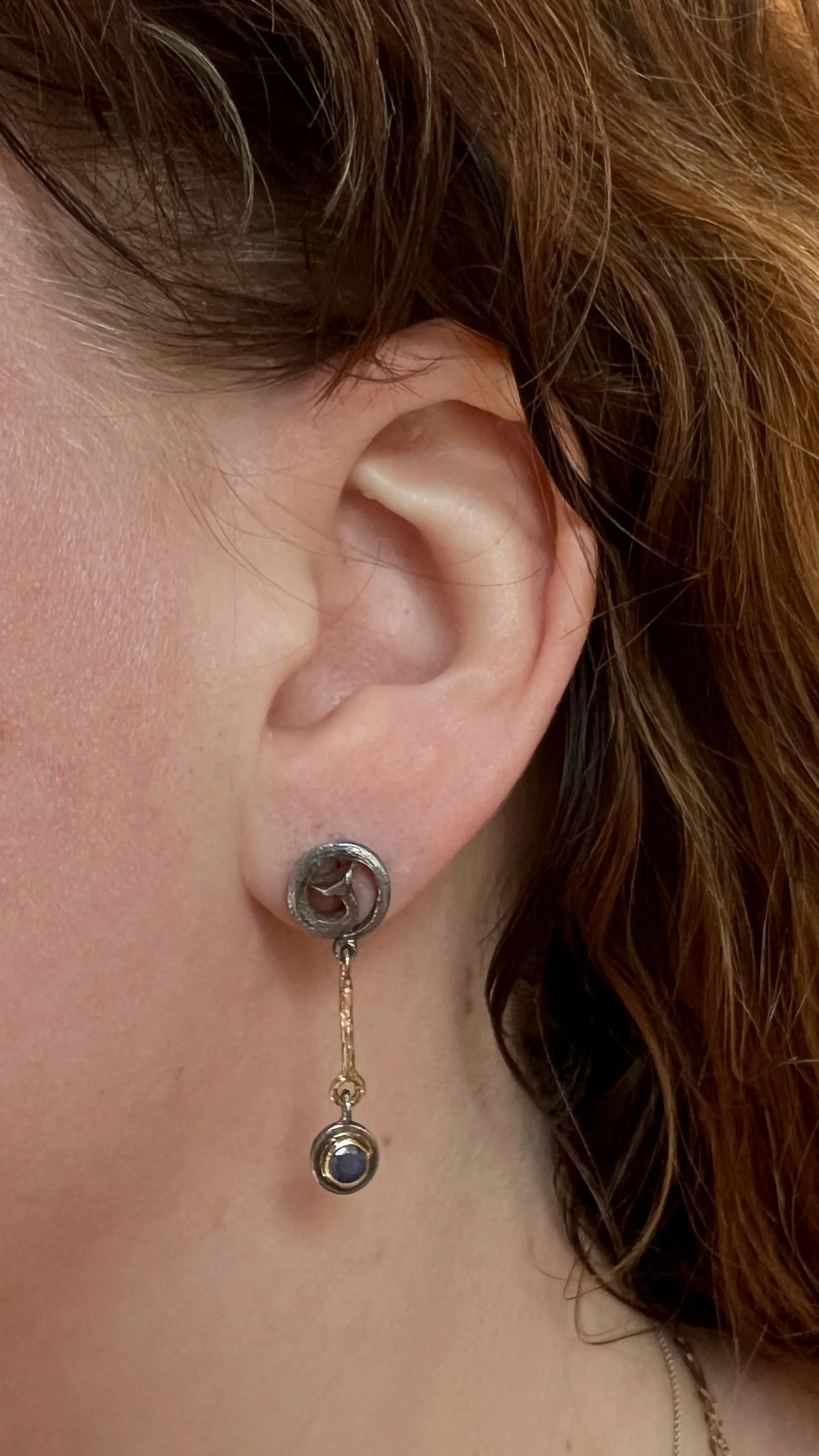 Scrolled Nail Studs with Hanging Sapphires