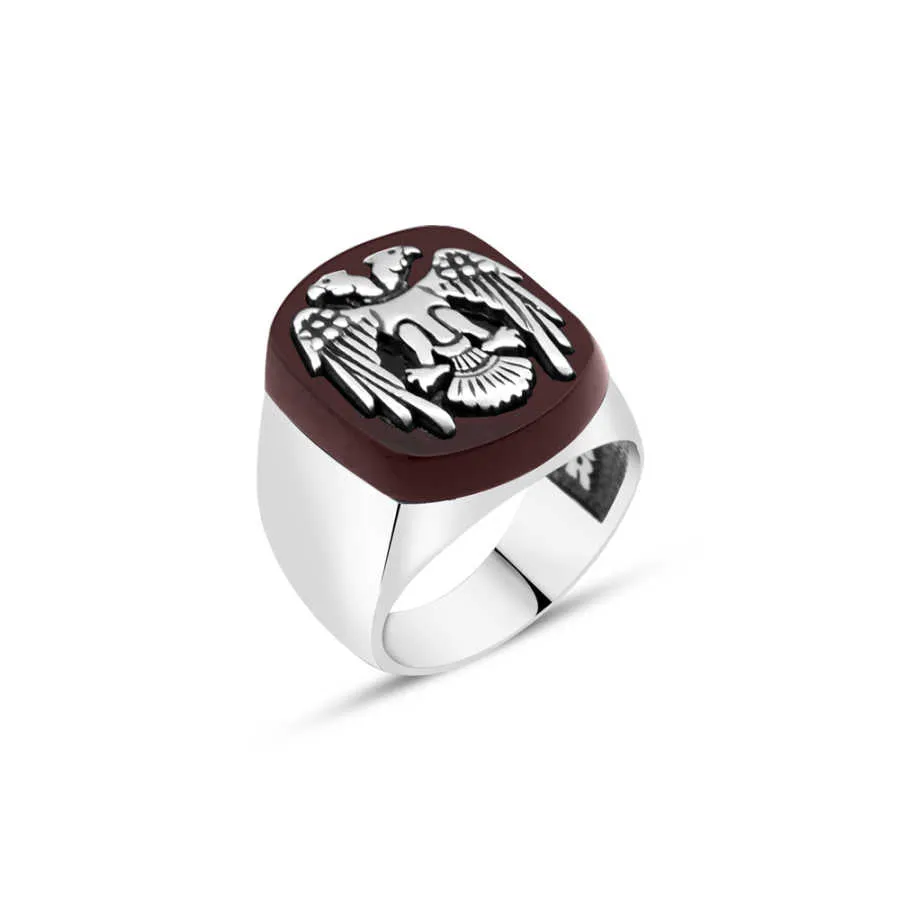 Seljuk Eagle on Rectangle Agate Stone Silver Men's Ring