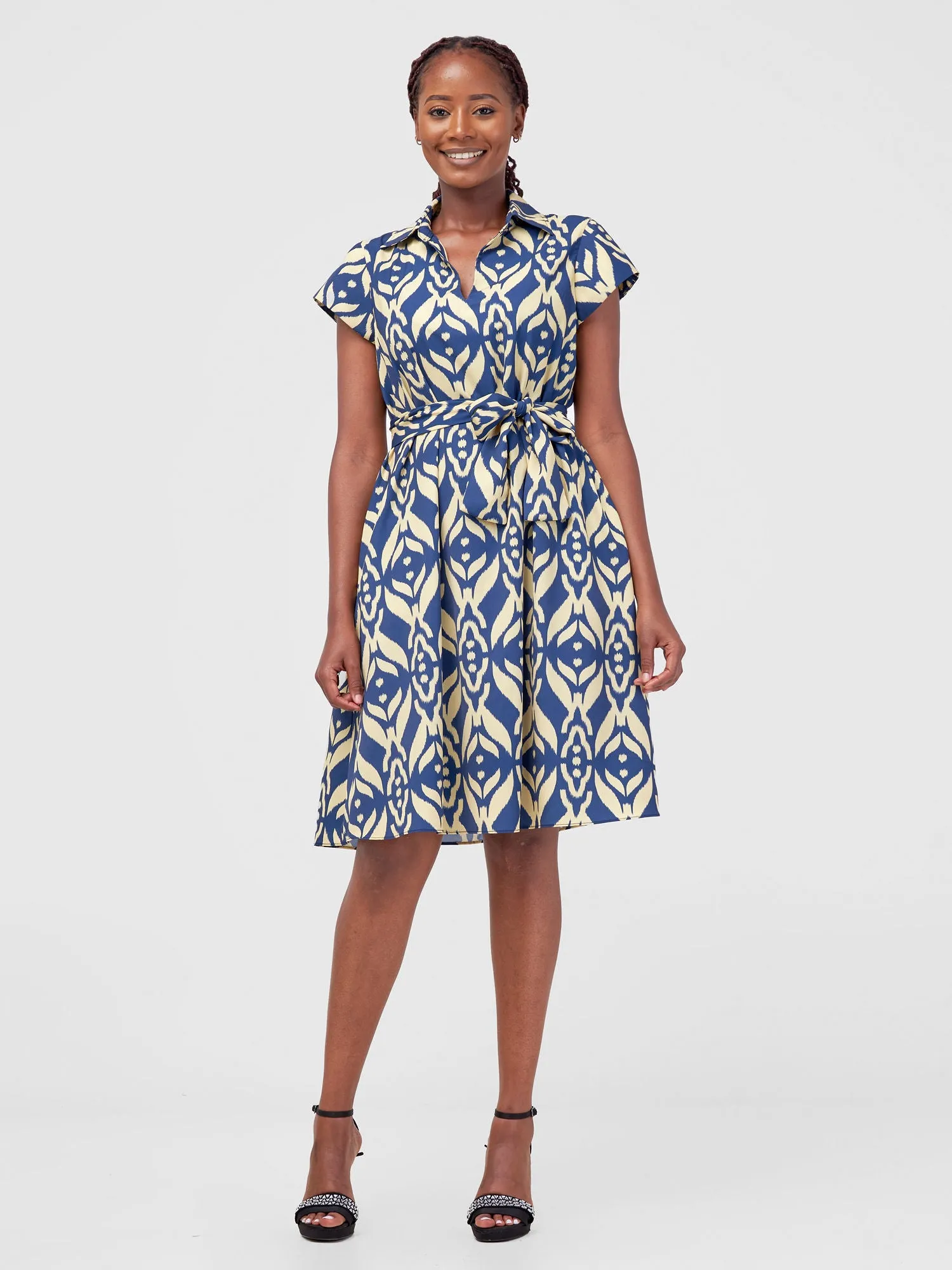 Vivo Zuri Cap Sleeve Knee Length Dress - Navy Ikat Print