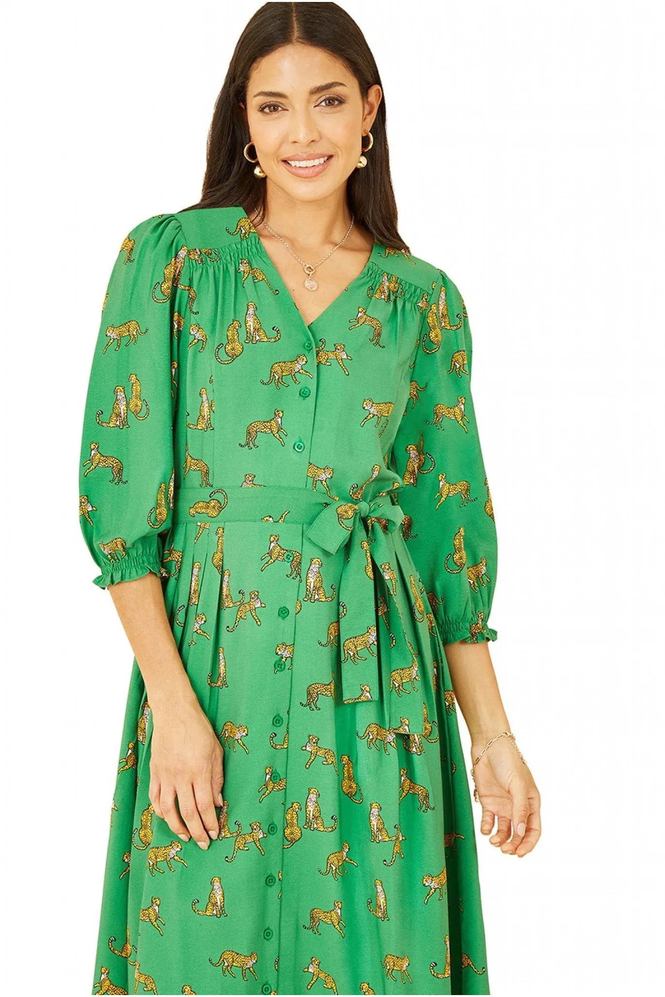 Yumi Green Cheetah Print Midi Shirt Dress