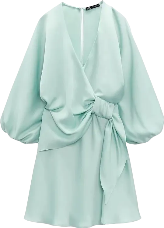 ZARA Mint Green Long Sleeve Bow Detail Mini Dress BNWT  UK S